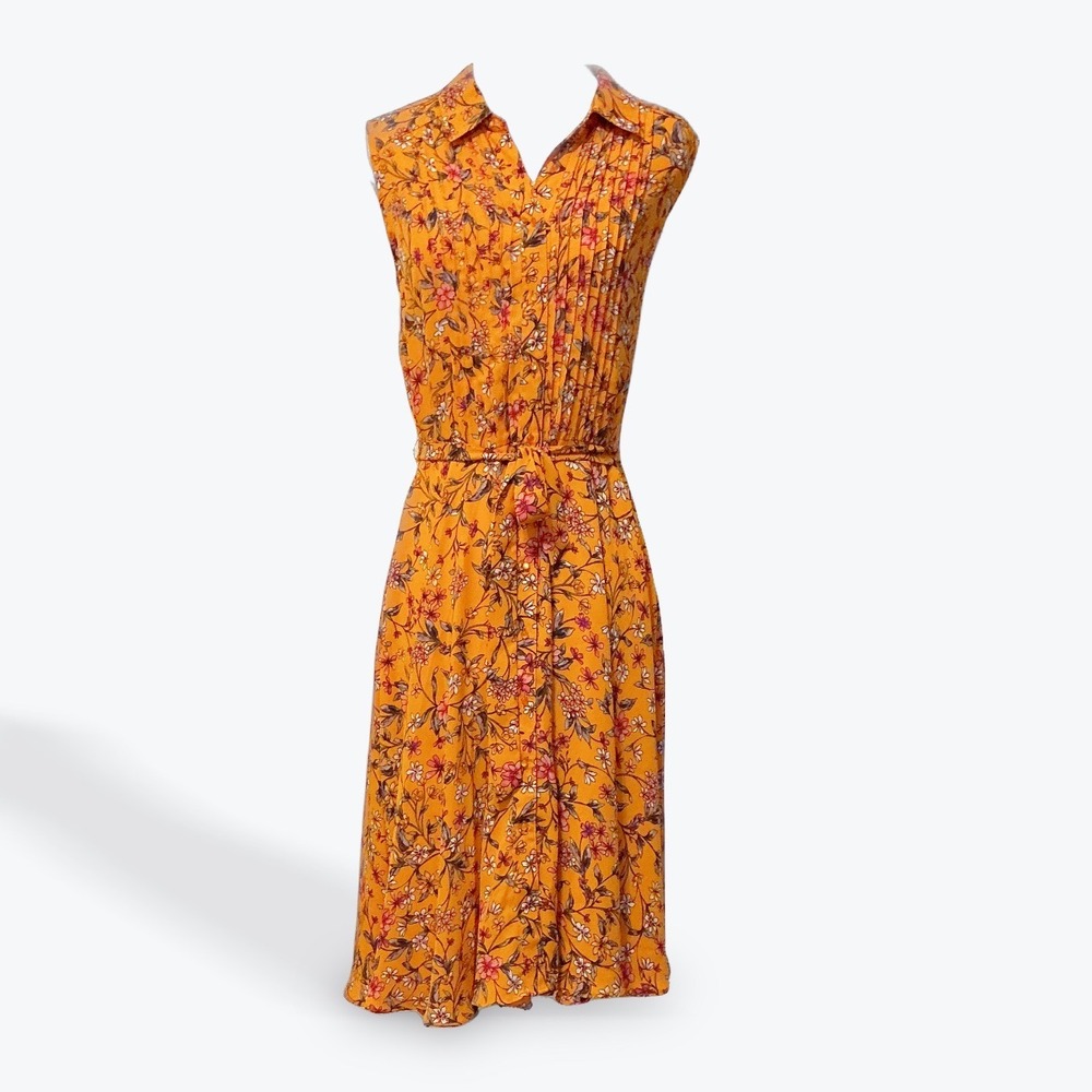 Nanette Nanette Lepore Floral Midi‎ Dress 6 Mustard Yellow Pleated Fit Flare